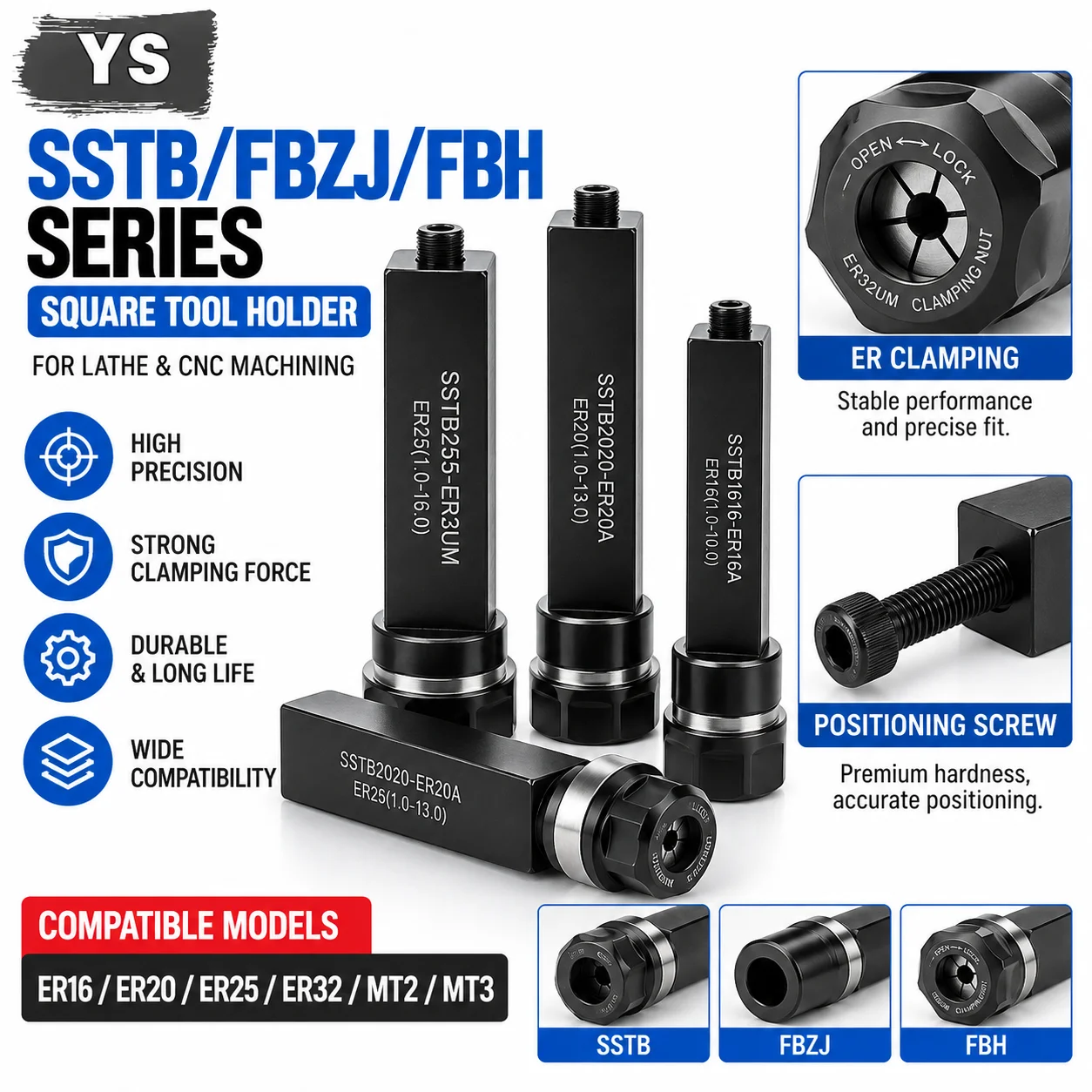 CNC SSTB FBZJ FBH SS TB25 25-ER25 CNC Square Shank Lathe Tool Holder ER11 ER16 ER20 ER25 ER32 MT2 MT3 Drill Chuck Extension Rod