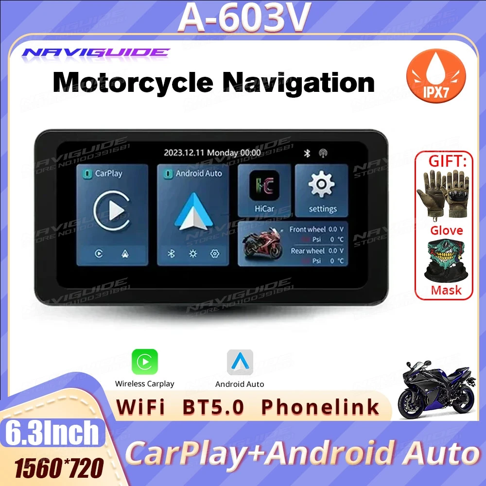 

NAVIGUIDE 603V 6.3'' Linux carplay motorcycle Wireless CarPlay&Android Auto Portable Moto LCD Display IPX7 WiFi 1560*720 BT 5.0