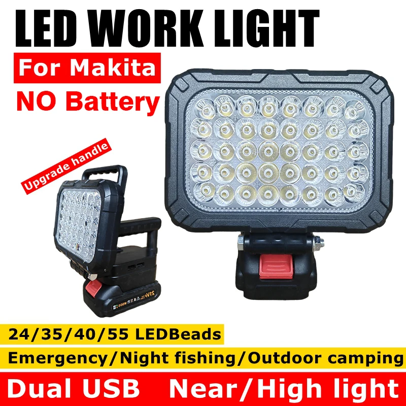 

40 Beads LED Work Light Portable Emergency Spotlight Compatible with Makita 18V Li-ion Battery USB Charging Flashlight with Hook