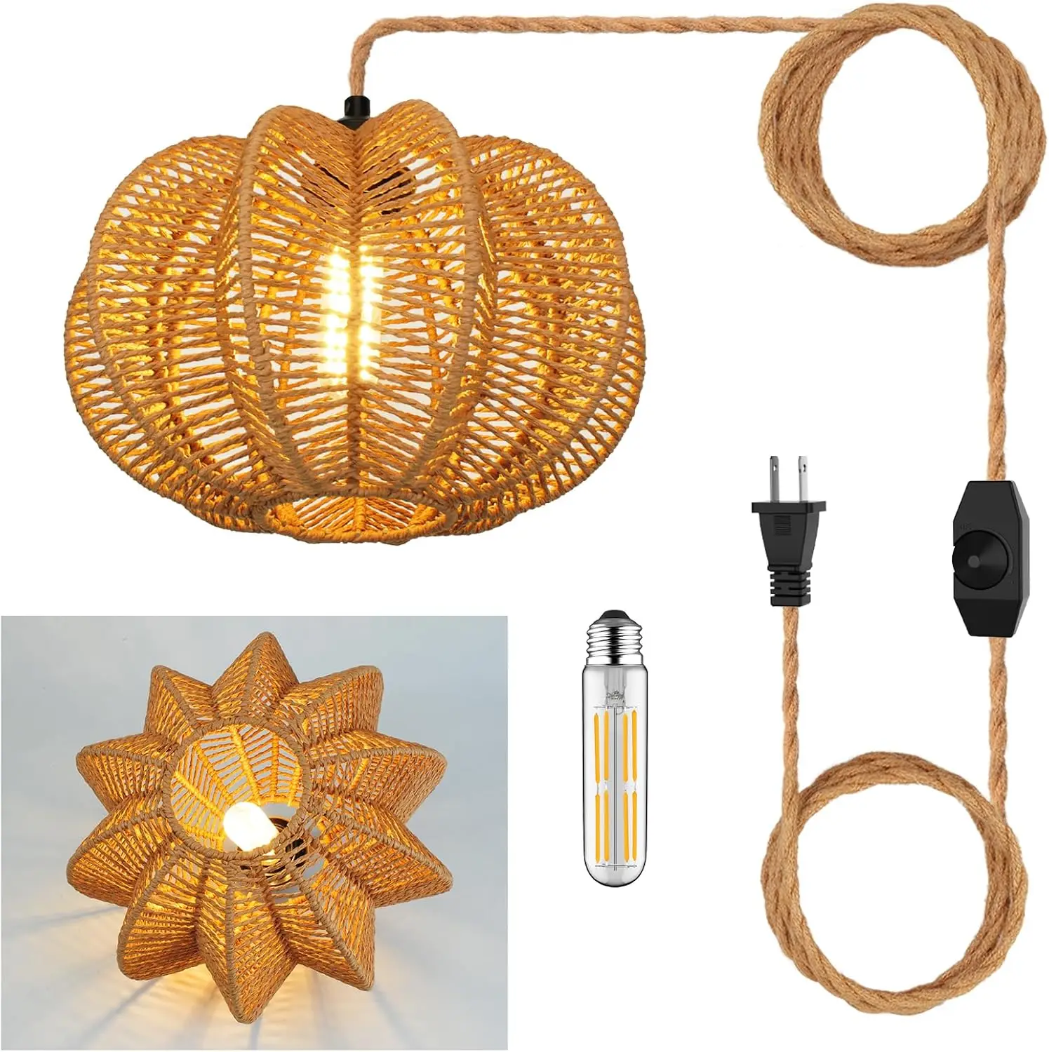

Boho Rattan Pendant Light with Plug & 15ft Cord, Dimmable Switch, LED Bulb Included, 11x7 inch