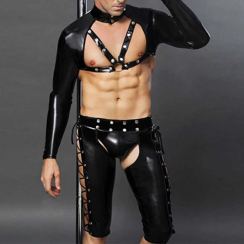 Men\'s Sexy Cosplay Police Uniform Set PU Leather Harness Crop Tops+Gay Fetish Bandage Shorts+Hat Halloween Club Party Costumes