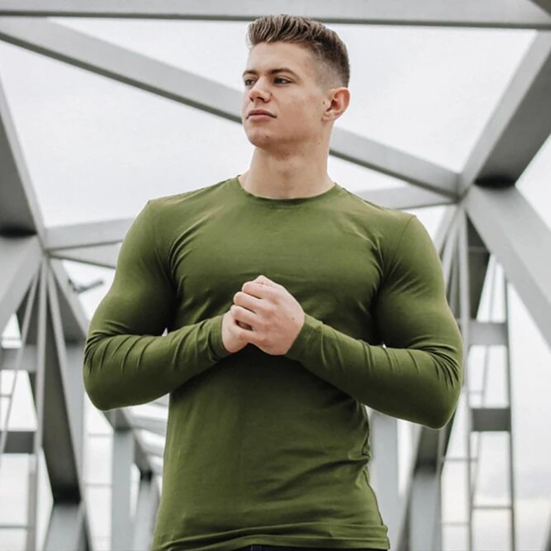Plain Gym Fitness Bodybuilding Sport T-shirts Mens Casual Long Sleeve Cotton Shirts Cotton Breathable Workout Autumn Clothing