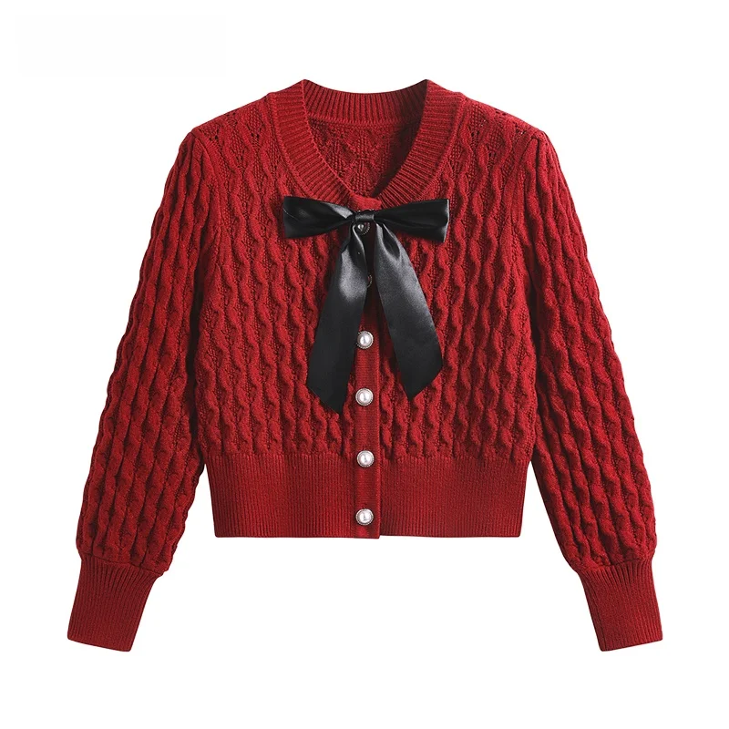 

JZZDEMM Red Knot Decorated ort Sweater Jaet Women's High-End Feel Vertical Stripe Pattern Knitted Cardigan
