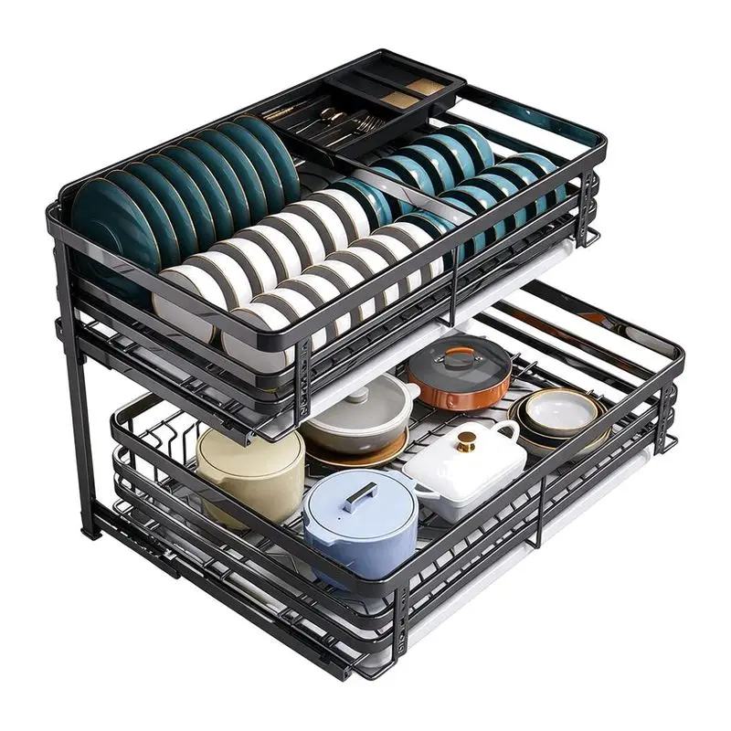 Kitchen Cabinet Double Drawer Bowl Basket 304 Stainless Steel Seasoning Dish Storage Rack Cabinet Bowl Rack