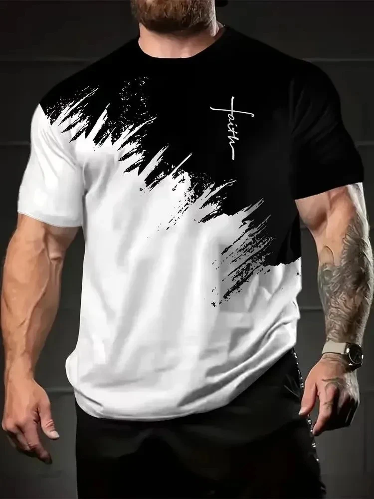 Camiseta de verano a rayas horizontales para hombre, camiseta informal de manga corta con cuello redondo y estampado 3D de letras simples, ropa informal para hombre