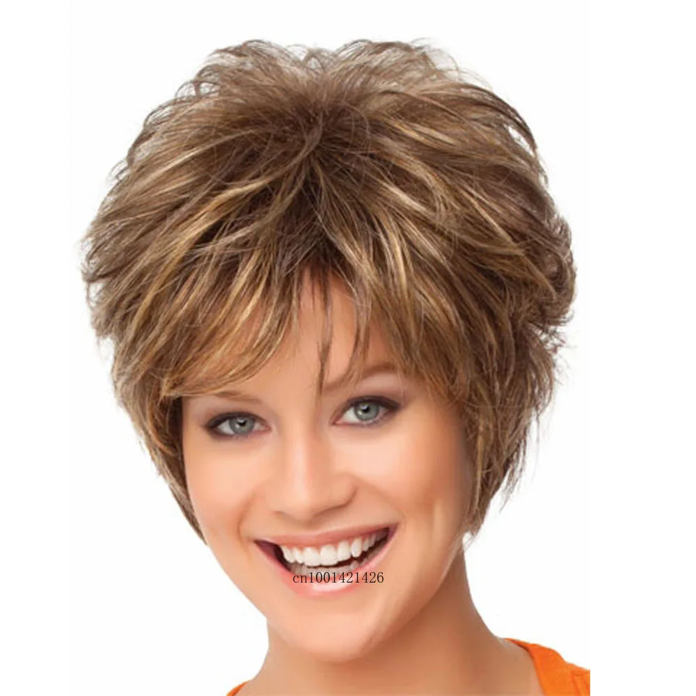 Synthetic Short Hair Brown Mix Blonde Wigs for Women Natural Hairstyles Mommy Wig with Bangs Casual Style Daily Replacement Wigs