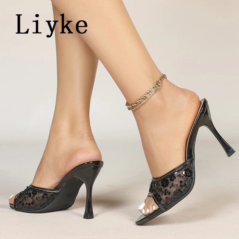 

Liyke Street Sexy Black High Heels Modern Slippers Women Sequined Mesh Summer Sandal Fashion Open Toe Mules Slides Shoes Size 46