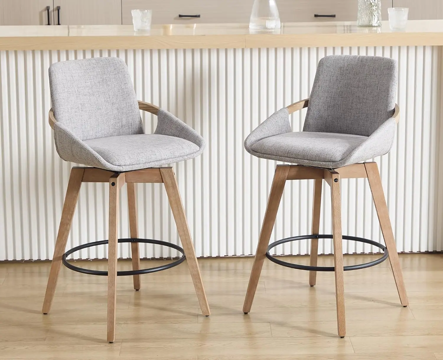 

Swivel Counter Height Bar Stools Set of 2 Mid Century Modern Natural Wood Barstools with Back and Arms Comfortable, Customized