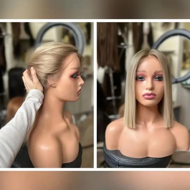 Creamy Blonde Balayage Synthetic Wigs For Women 13x4 Straight Bob Lace Front Wigs Short Straight Futura Fibre Wigs Cosplay Party