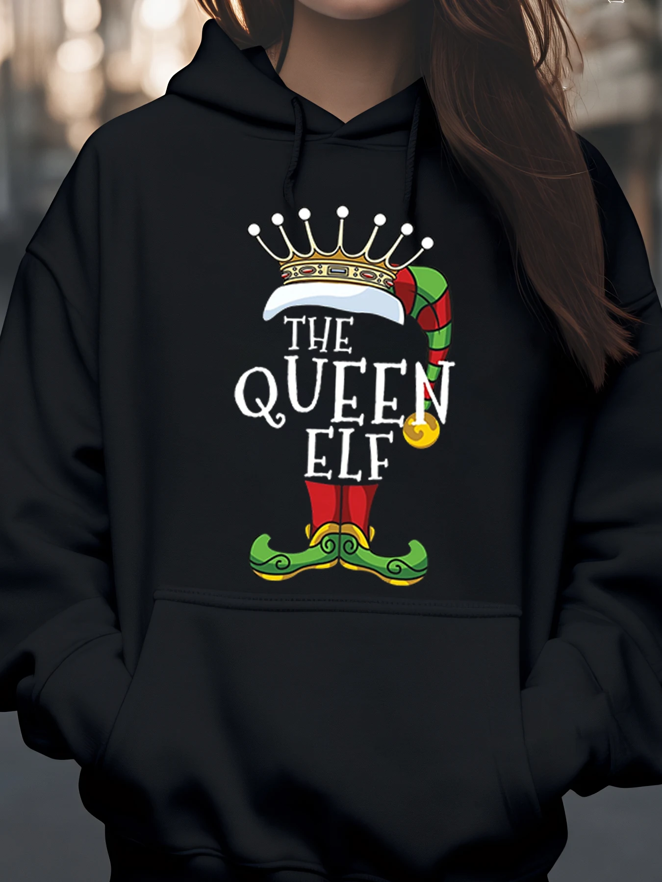 

Королева эльфа Корона и сапоги с принтом Рождественская толстовка с капюшоном Праздничная праздничная одежда для женщин