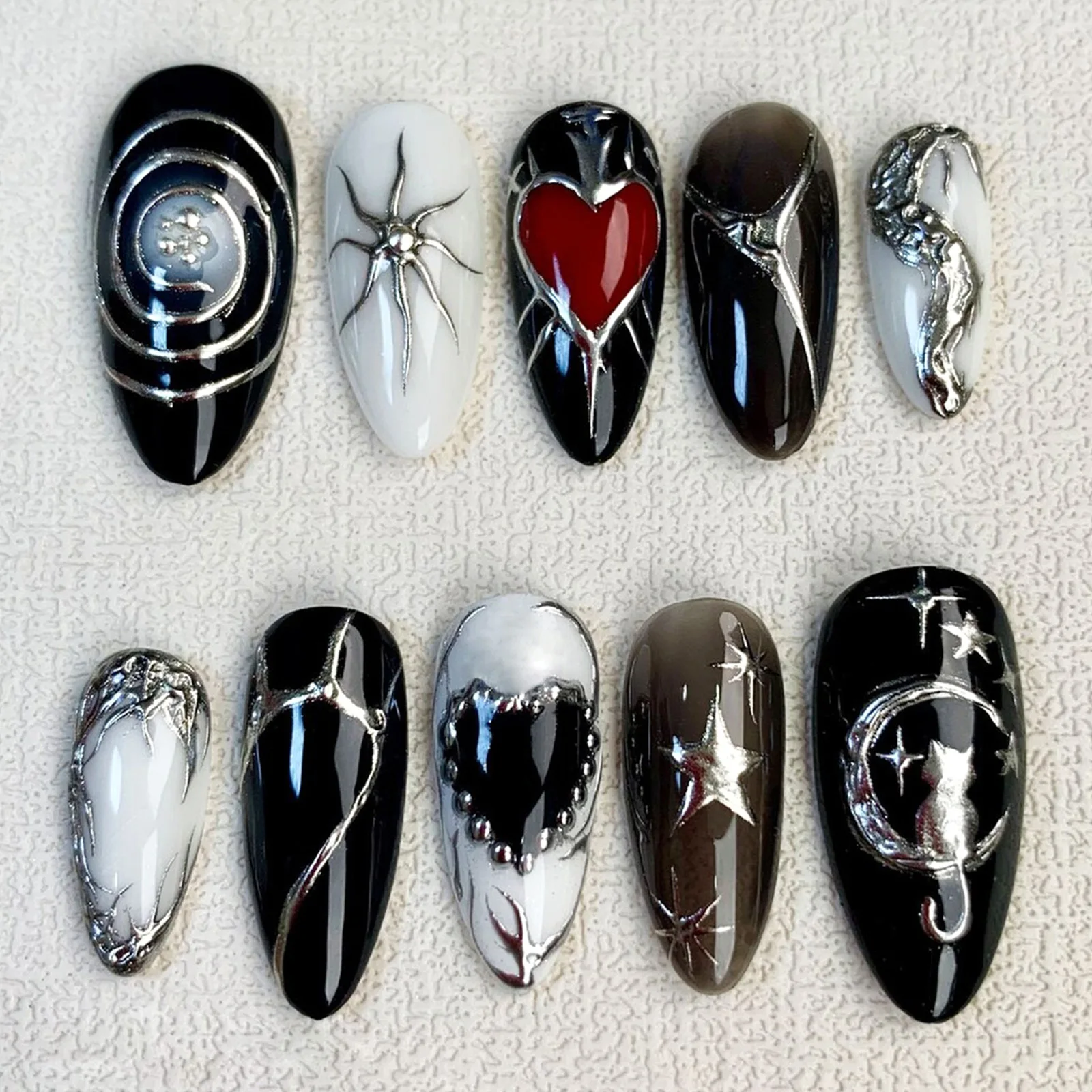 24Pcs Black Almond Style Gilded Press on Nails Sets Stripe Star Smudge Stick on False Nails Tips Patches Fake Nail Reusable Art