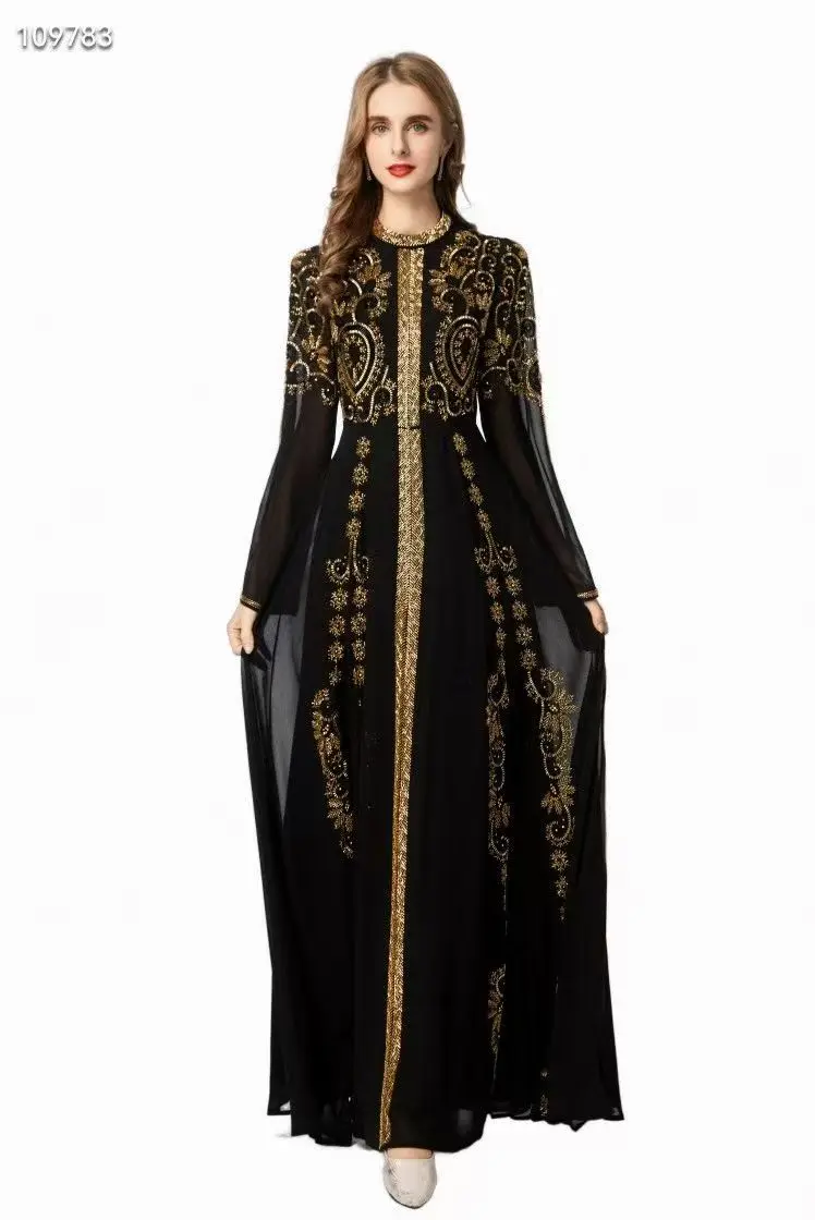 Autumn New Palace Embroidery+Positioning Nail Beading Long Sleeve Black+Gold Fashion Color Matching  Long Women's Dress S=3XL