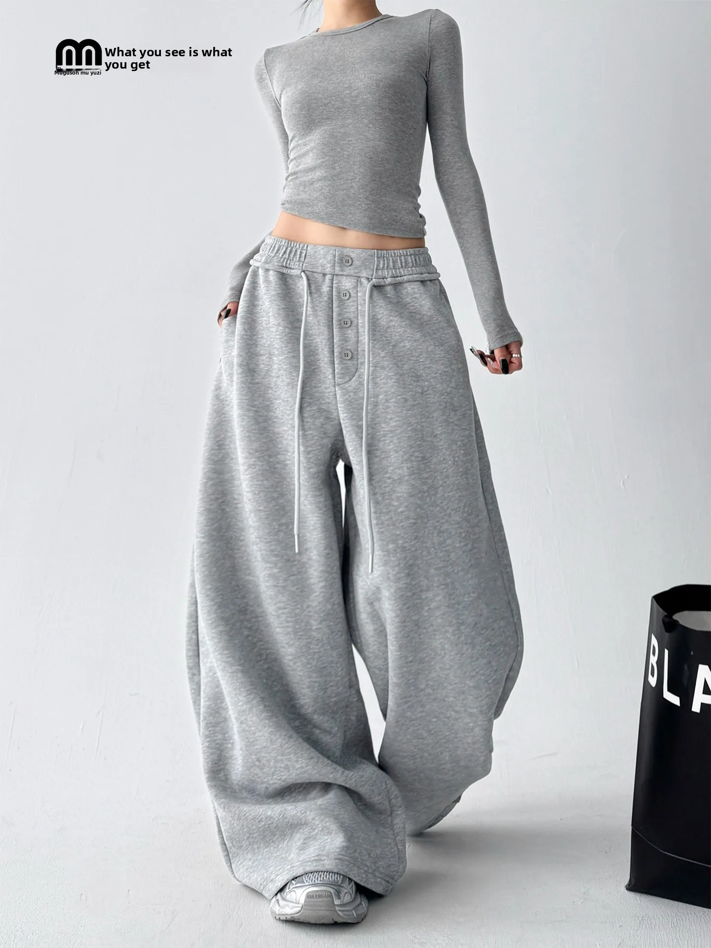 

Оригинальный дизайн, серые спортивные брюки, женские брюки с высокой талией и широкими штанинами, осенняя новинка, асимметричные длинные брюки для повседневной носки