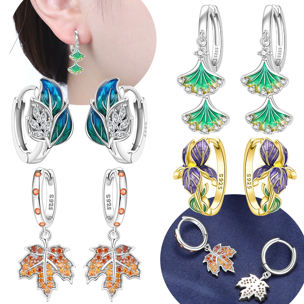 Original 925 Silver Green Ginkgo Leaf Earring Purple Iris Flower Women's Maple Leaf Earrings Valentine's Gift Jewelry Accessory