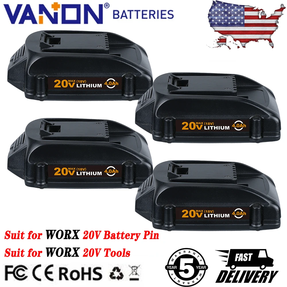 

VANON 1/2/4Pcs 4.0Ah Battery Replace for Worx 20V Li-on Battery Pin for WA3520 WA3525 WG151s WG890 Suit for Cordless Powe Tools