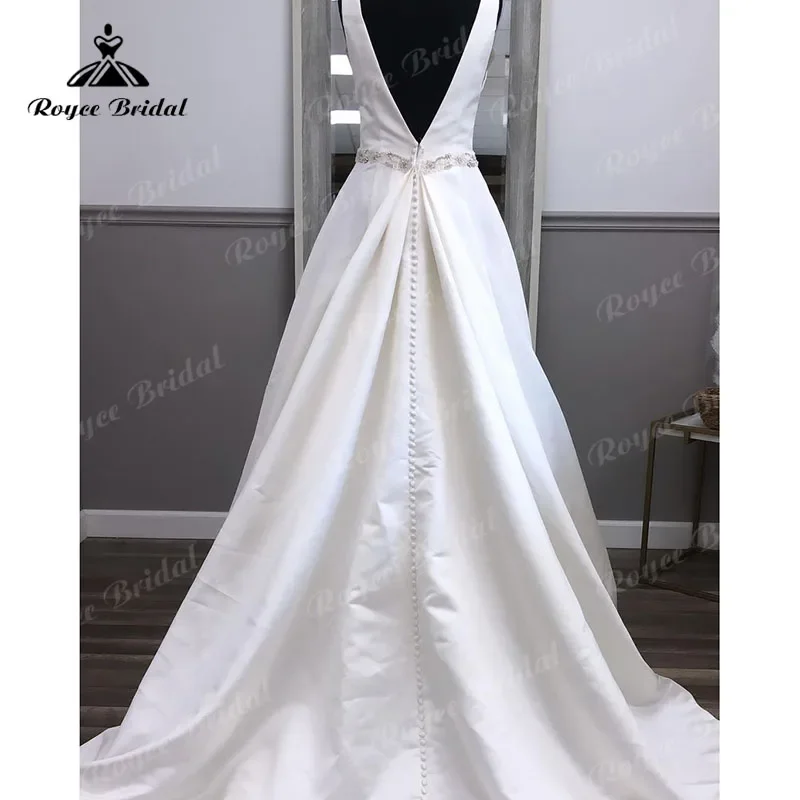 Simple Sleevless Satin Backless Deep V Neck Ball Gown Princess Wedding Dress 2025 Vintage Vestido Civil Bridal Boho Wedding Gown