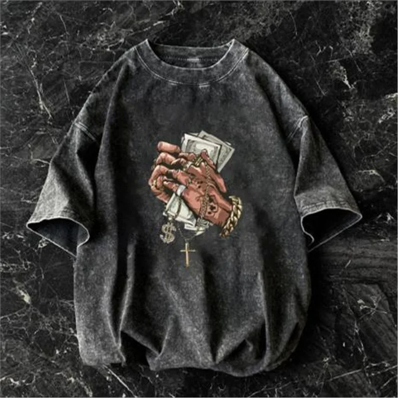 Vintage Washed Money Hand Graphic Oversized T-Shirt Retro Distressed Hip Hop Short Sleeve Tee Y2K Streetwear Top for Men Women