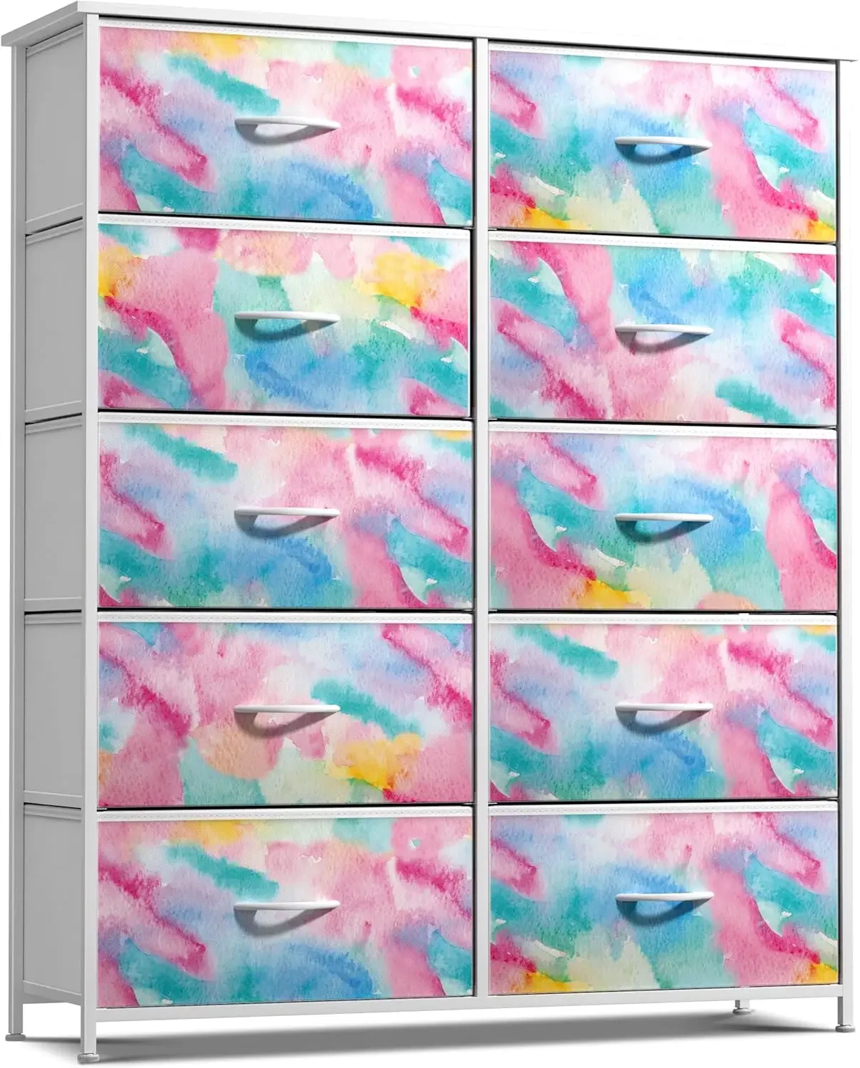 Kids Dresser with 10 Drawers - Storage Chest Organizer Unit Nightstand - Steel Frame, Wood Top, Tie-Dye Fabric Bins for Clothes