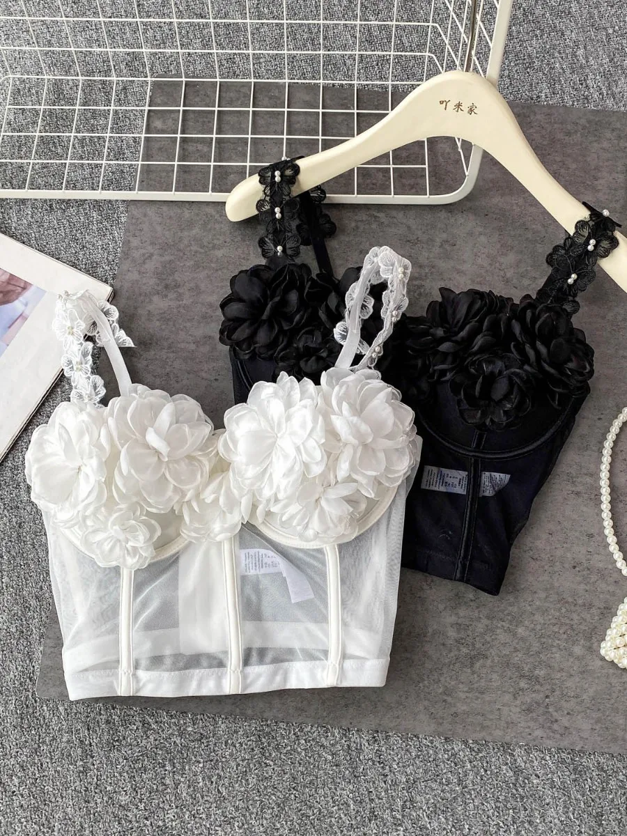 

Foamlina European Ethereal 3D Floral Halter Bustier Vest Camis Women's 2025 New Sheer Mesh Fishbone Slimming Crop Tanks Top