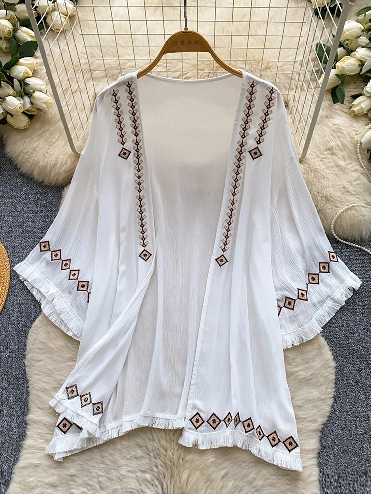 Women's Bohemian Shirt Cardigan Summer Ethnic Embroidered Loose Tassel Cover Up Breathable Resort Wear  Blouse Female Tops BL416