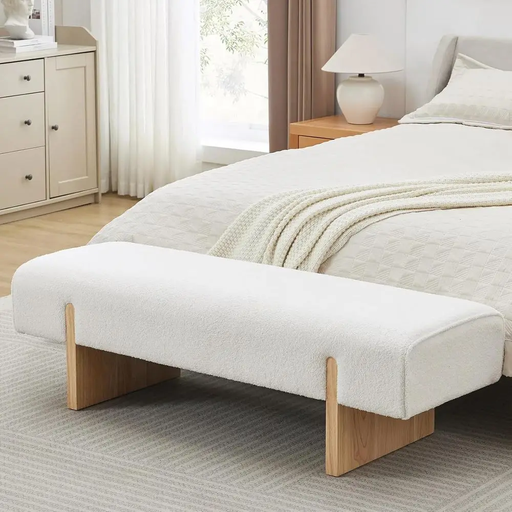 

Queen Size White Sherpa Fabric Upholstered Wooden Entryway Bench with Rubberwood Legs