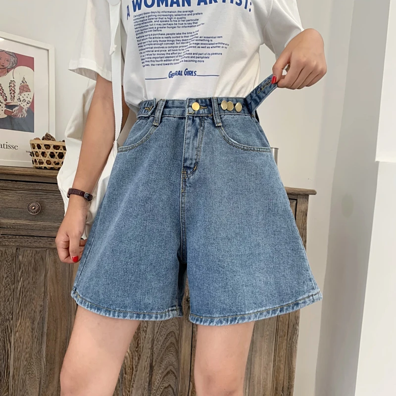 

2024 New Women's Summer Wide Leg Denim Shorts Female High Waist Button Short Pants Ladies Casual Jeans Pockets Shorts H150