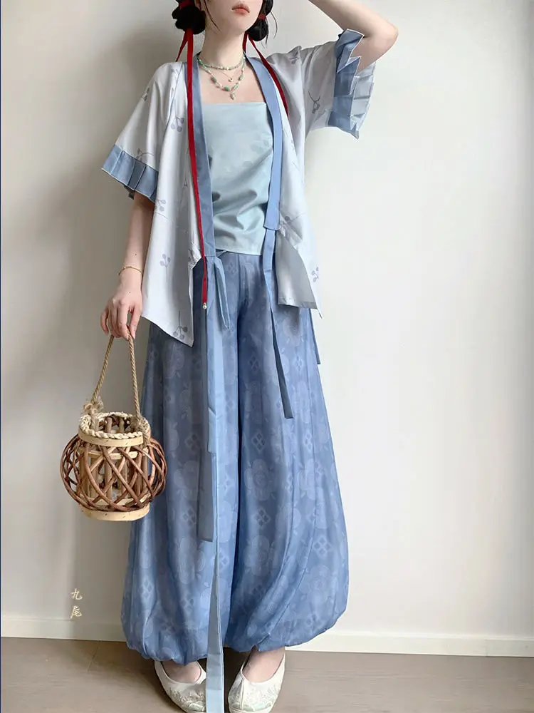 Jin Dynasty Hanfu Set - Women's Cross-Collar Short Sleeve Top Lantern Pants Traditional Chinese Clothing for Daily Wear view 3