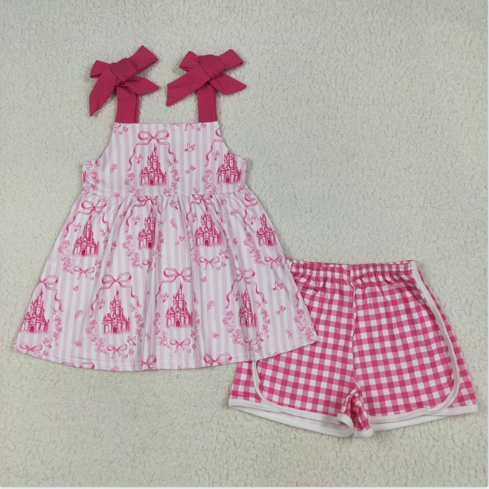 

RTS fashion children Shorts Set Baby Girls Clothing Toddler baby girl Clothes Pink Strap Castles Bows Tunic Plaid Clothes Sets