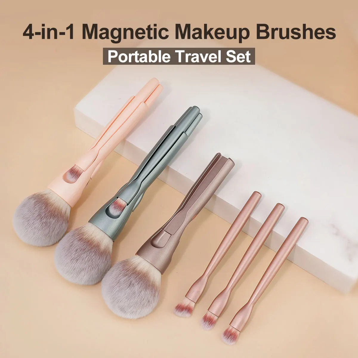 4-in-1 Magnetic Makeup Brush Set, Portable Travel Kit with Soft Synthetic Hair for Foundation Powder Blush Contour, Professional