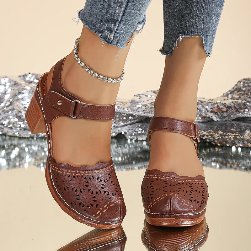 

High Heels Women Sandals Chunky Cozy Walking Shoes Summer Pumps Dress Woman Slippers 2025 Trend Brand Hollow Sandalias De Mujer