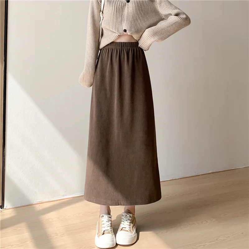 

New Autumn Winter Corduroy Long Skirts Womens Fashion Elastic High Waist A-line Straight Skirt Ladies Retro Casual Midi Skirts