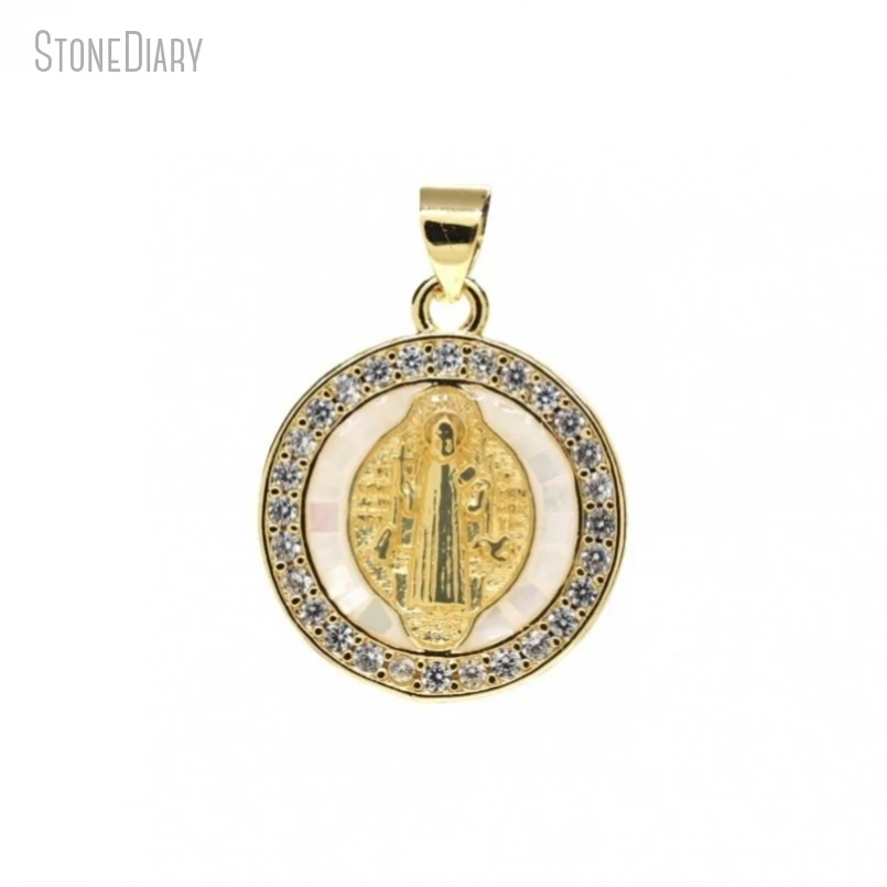 5Pcs Wholesale Jewelry Round Coin Madonna Circle Gold Color Invisible Setting Cubic Zirconia White Shell Pendant PM48780