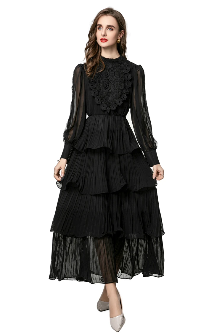 Vestidos femininos gola mangas compridas bordado retalhos em camadas babados elegante moda festa de formatura vestido