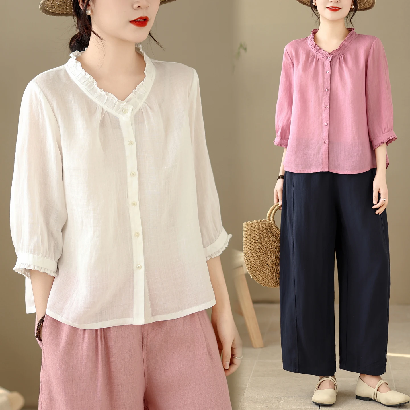 

Ретро-кардиган женский летний с коротким рукавом, однотонный, тонкий, с воротником-грибком, рукава 3/4, открытый фасон