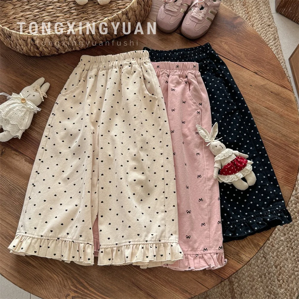 2026 casual pants new round dot straight tube simple and versatile lace cropped pants