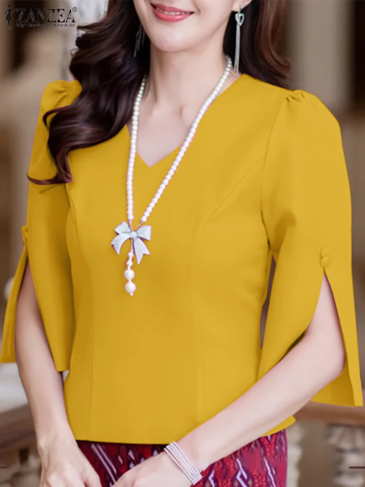 

ZANZEA, женские элегантные желтые блузки с приталенной талией, v-образным вырезом, разрезными манжетами, рукавами 3/4, однотонные короткие топы, женская повседневная одежда на каждый день