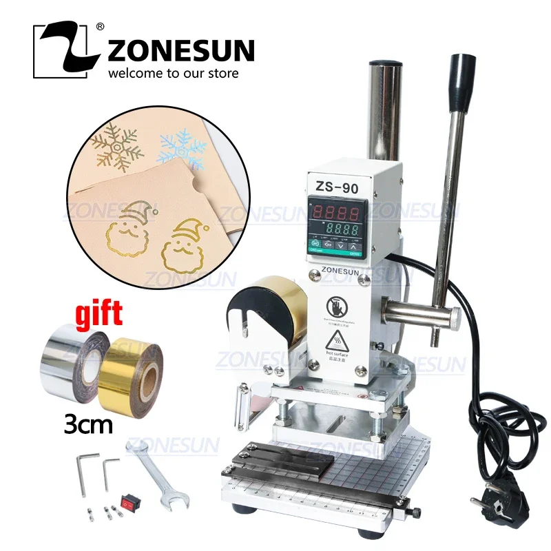 ZONESUN 3 size Manual PVC Card Leather Paper Hot Foil Stamping Bronzing Embossing Machine Heat Press Machine Punch Press