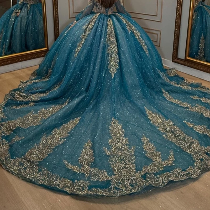 Blue Shiny Quinceanera Dresses Ball Gown Off The Shoulder Applique Lace Beads Tull Corset Party Birthday Sweet 16 Dress Vestidos