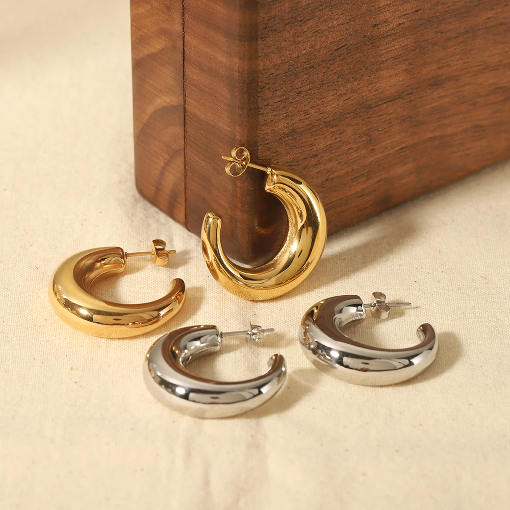 Heißer Verkauf: Modische C-förmige Edelstahl-Creolen für Damen, 18K vergoldet, wasserdicht, Alltagsschmuck, Geschenk – Detail 2