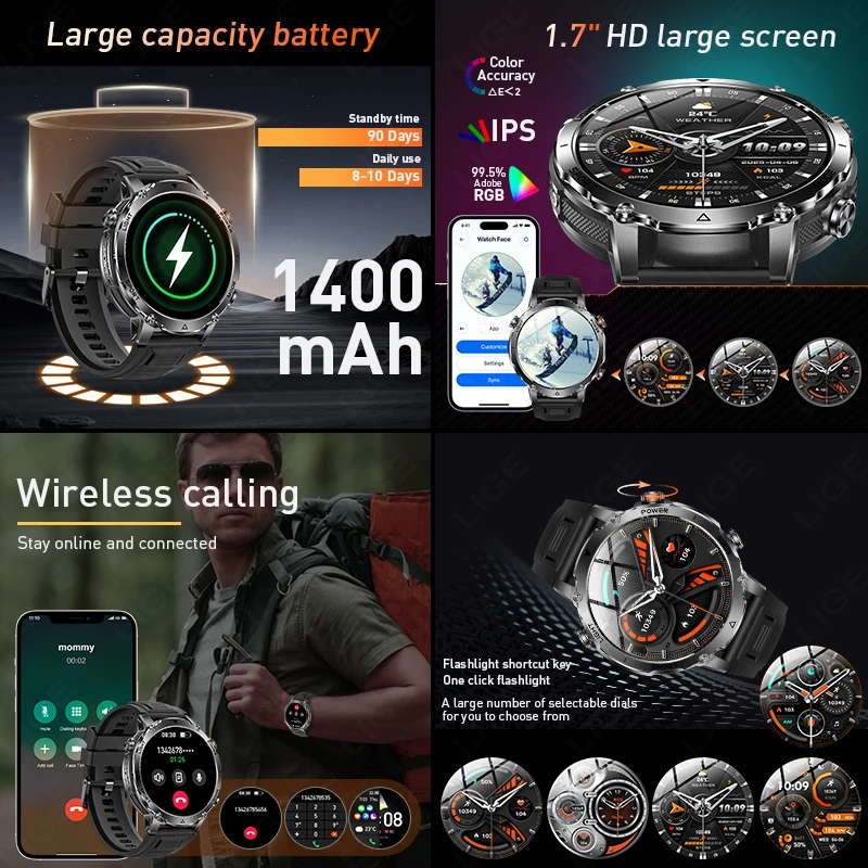 Rugged T-Rex3 Pro Military Smart Watch AMOLED Flashlight Clock Men with 1400mAh Extra-Large Battery Sports Fitness Swim Watches