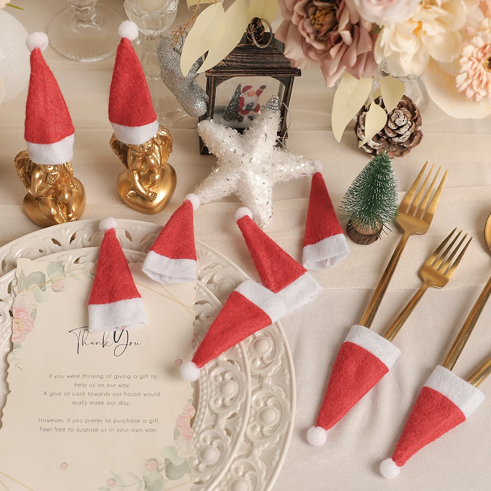 10/20/30Pcs Mini Santa Claus Hat Cup Bottle Set Home Room Decoration Tableware Knife And Fork Christmas Hat Decor DIY Crafts