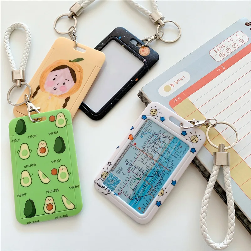 Student Cartoon Bus Card Case Badge Holder Cards Sleeve Animal Printed Id Credit Card Holder with Hand Rope Lanyard Cards Sleeve