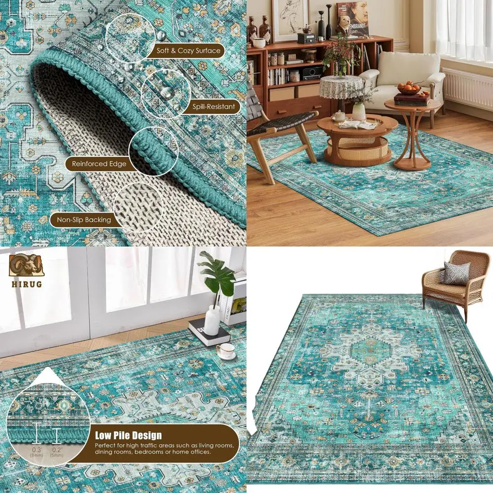 8x10' Persian-Style Washable Area Rug - Non-Slip, Durable, Teal & Gold for Home Decor