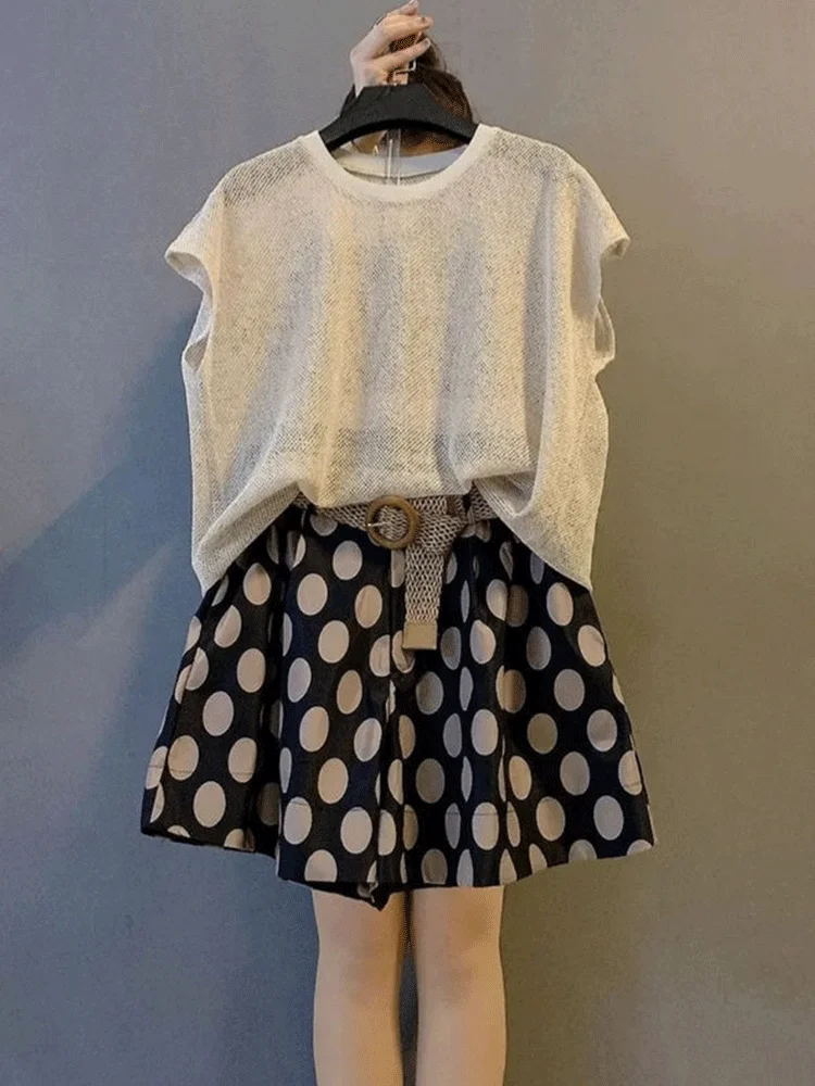 

Summer New plus Size Fashion Casual Hollow Short Sleeve Knitted Top Versatile Slimming Shorts Two Piece Set High Waist round ...