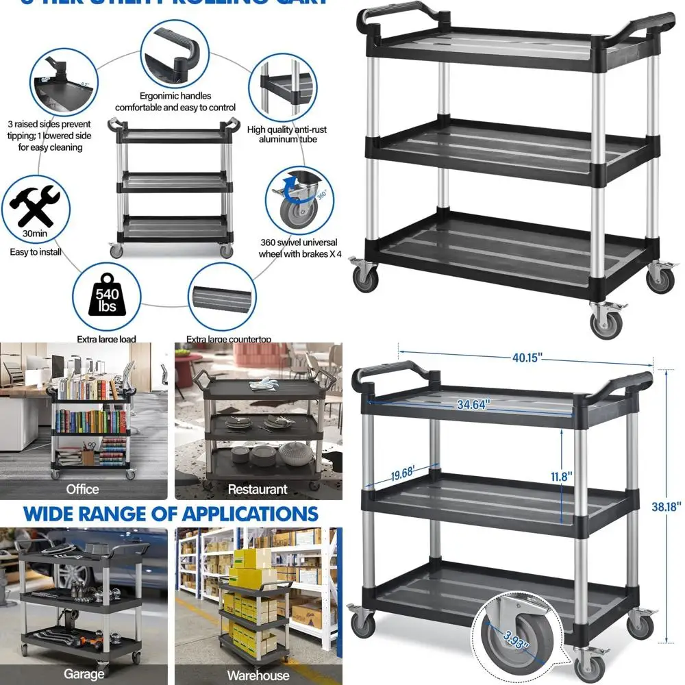 

Прочный 3-ярусный пластиковый тележка-органайзер, 101,9x50,1x96,5 см, грузоподъемность 245 кг, с блокируемыми колесами для кухни, офиса, склада