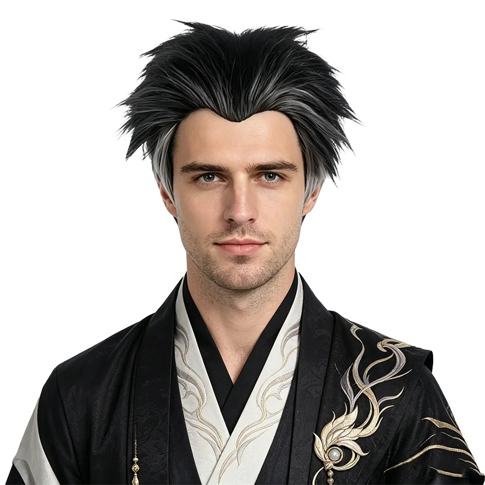 

Himejima Gyomei Cosplay Wig 21cm Black Gray Gradient Widow's Peak Short Spiky Heat Resistant Anime Wig For Men's Halloween Party