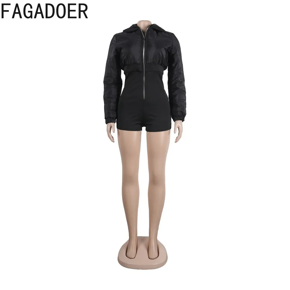 FAGADOER Black Fashion Solid Color Zipper Slim Rompers Women Stand Collar Long Sleeve Elasticity Jumpsuits Casual Female Overall