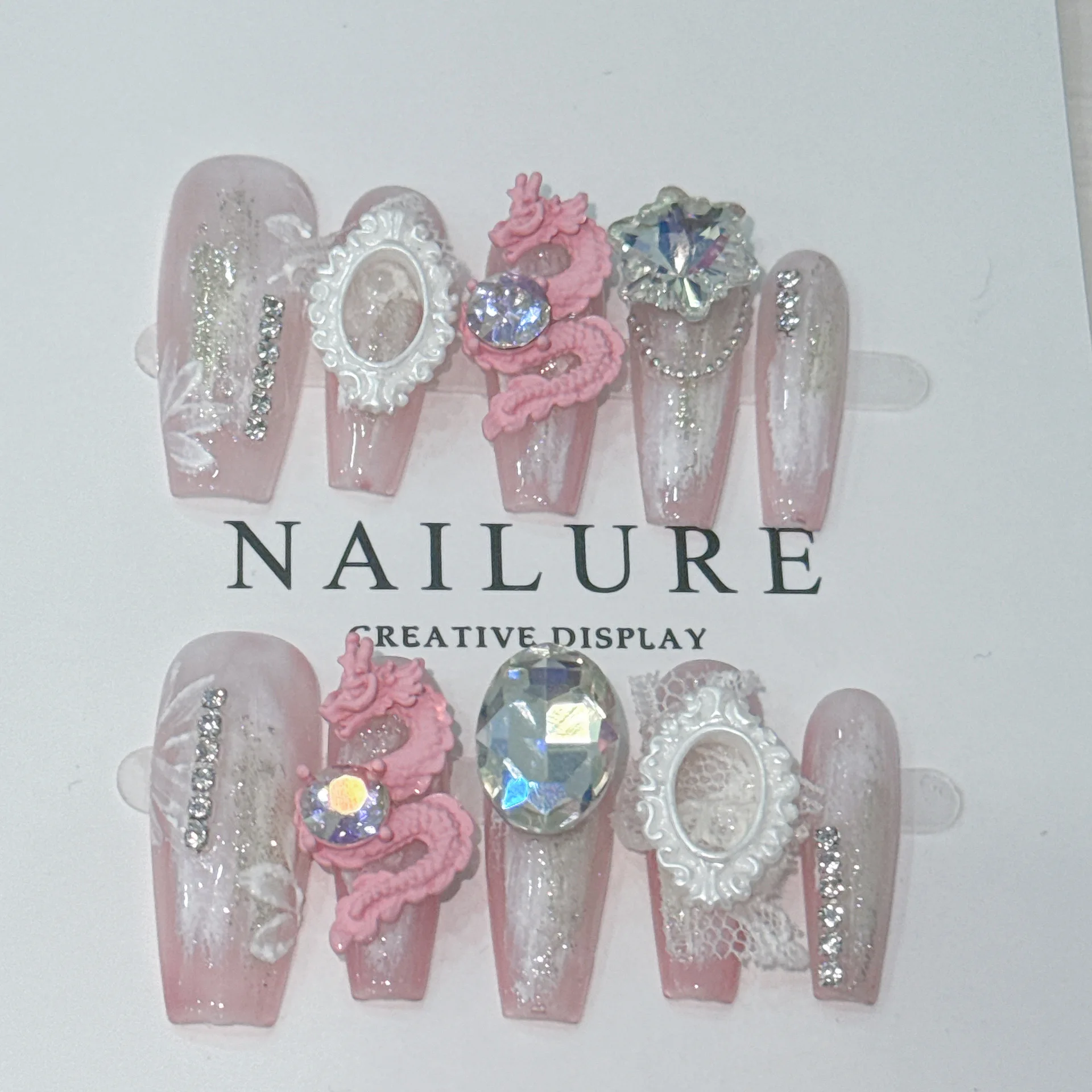 Blush Pink Fake Nails Handmade Long Coffin Press on Nails Chinese Dragon Desgined Glitter Diamond False Nails Tips for Women