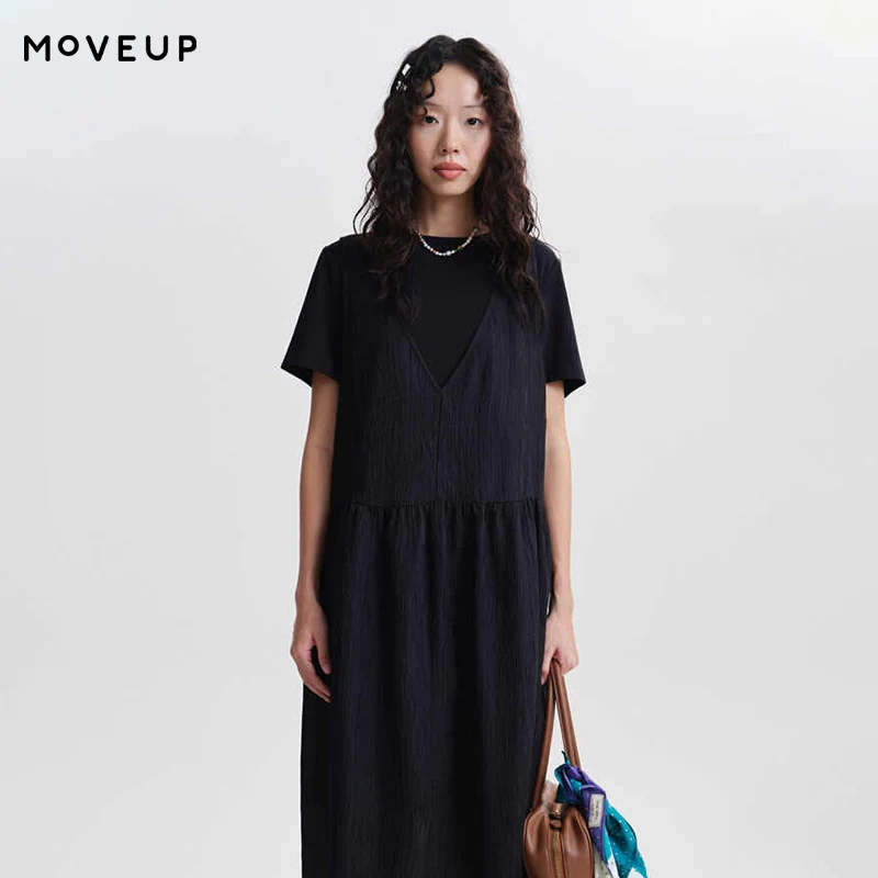 

MOVEUP Casual Loose Dress 2026 Spring New Color Block Round Neck Layered Two-Piece Commuter Style Dress For Women 3ELC11307