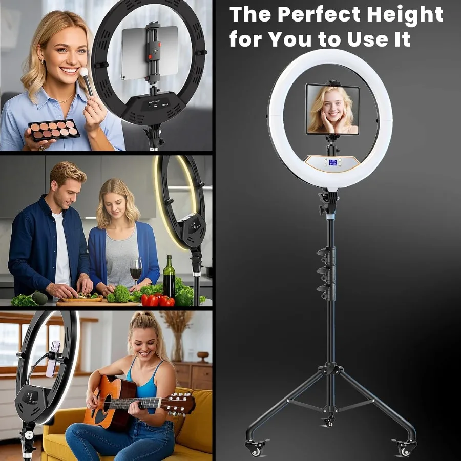 18 Foldable Ring Light with Adjustable Stand for iPhone iPad Camera 75 Height Tripod with Smooth Rolling Wheels 38W 6500K Brigh